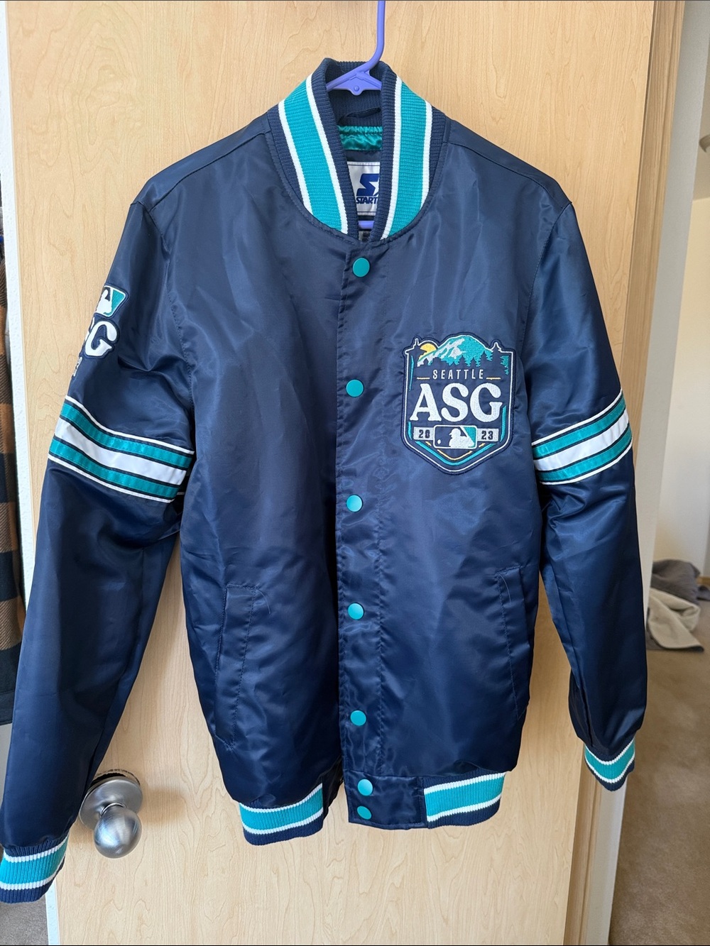 STARTER Navy and Turquoise Seattle ASG Satin Bomber Jacket